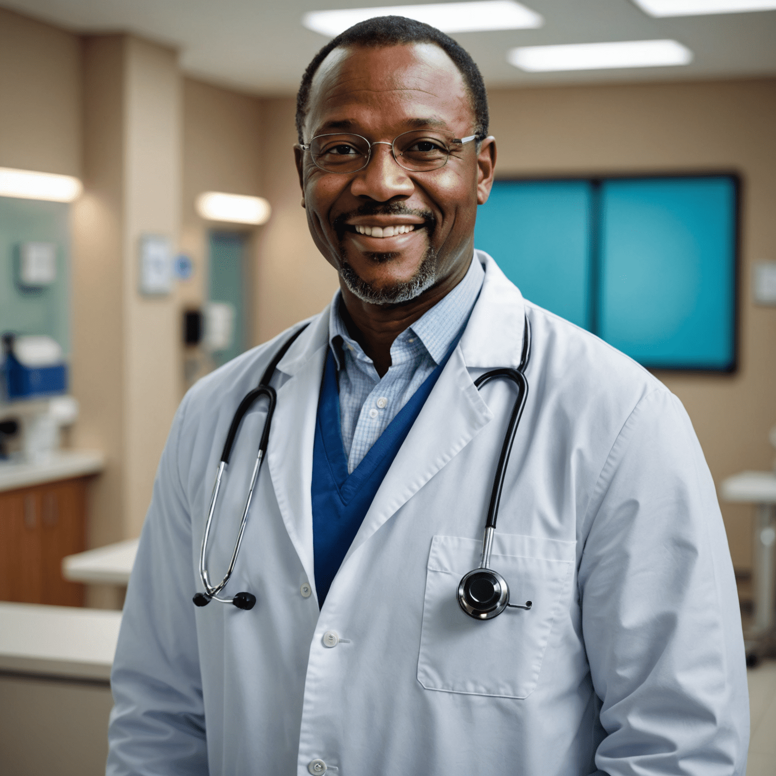 Portrait of Dr. Themba Nkosi, a middle-aged South African man with a warm smile, wearing a white lab coat and stethoscope, standing in a modern hospital setting