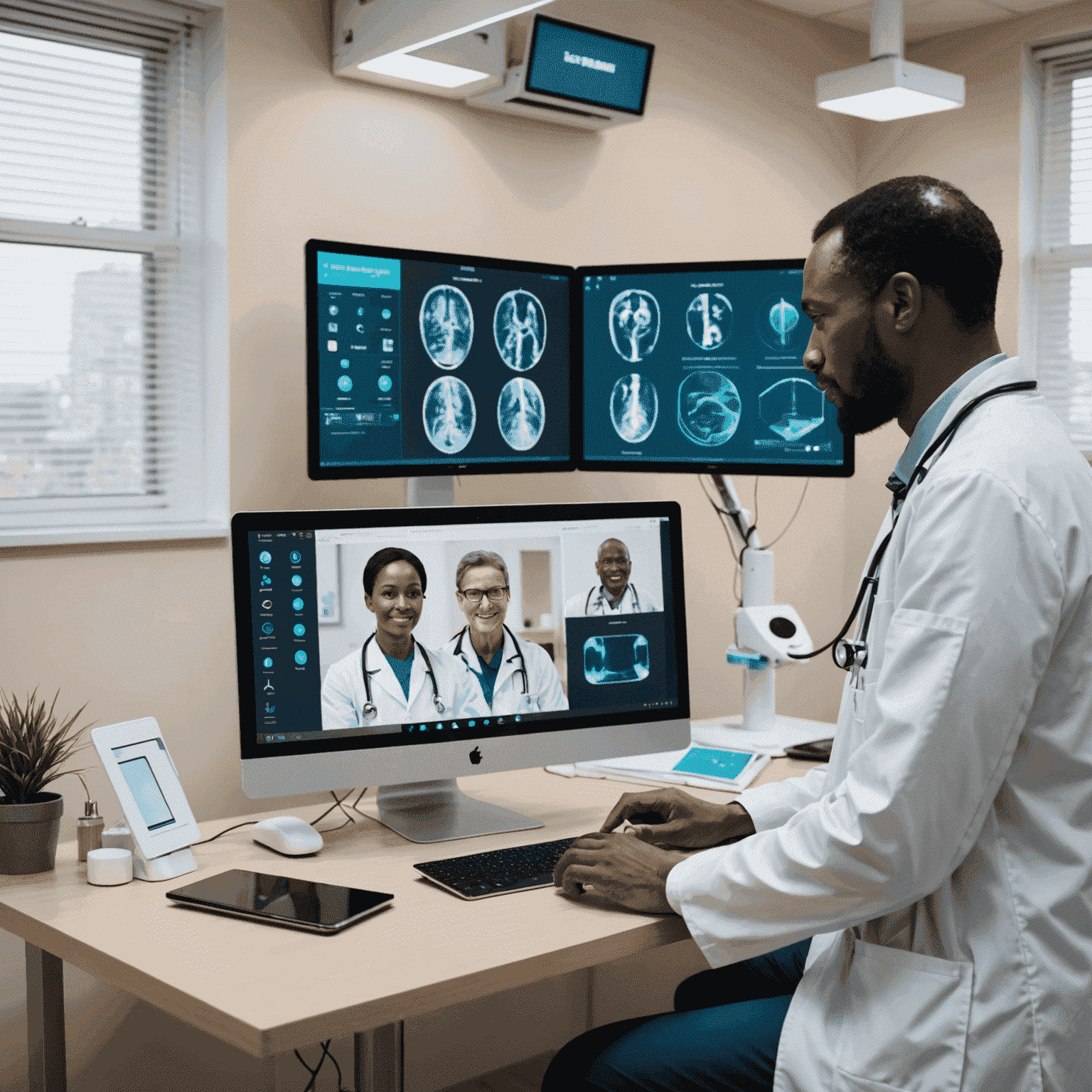 A modern telemedicine setup in a South African clinic, showing a doctor consulting with a patient via video call. The room is equipped with advanced medical devices and a large screen displaying patient data.