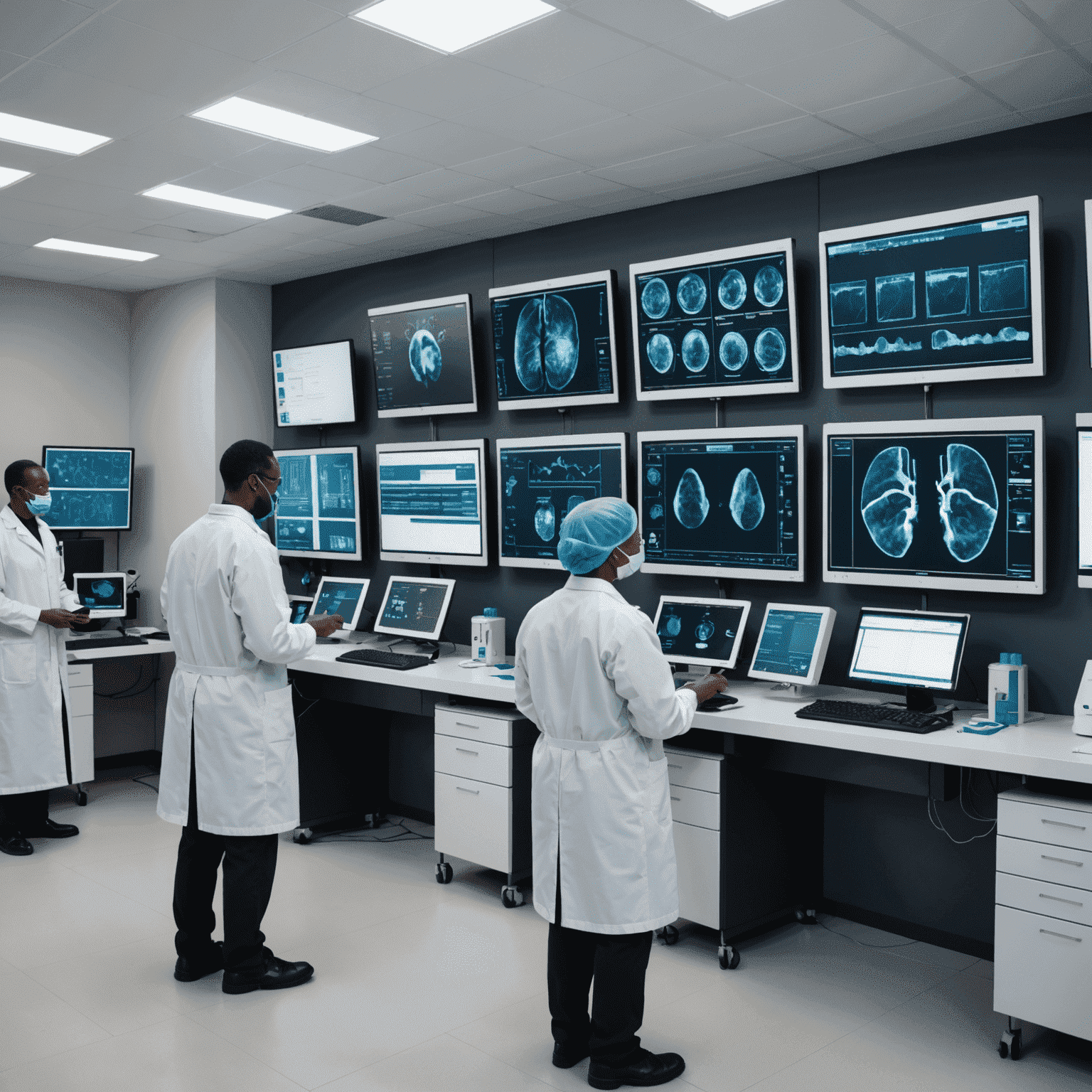 A modern medical laboratory in South Africa with AI-powered diagnostic equipment and medical professionals analyzing results on large screens