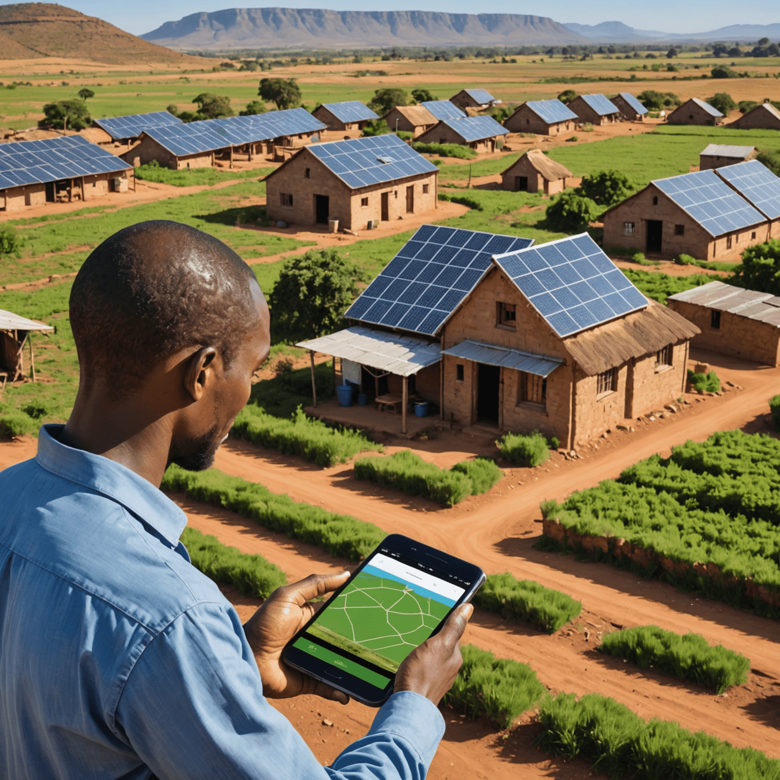 A rural South African landscape with a person using a mobile health app on a smartphone, surrounded by traditional houses and modern solar panels