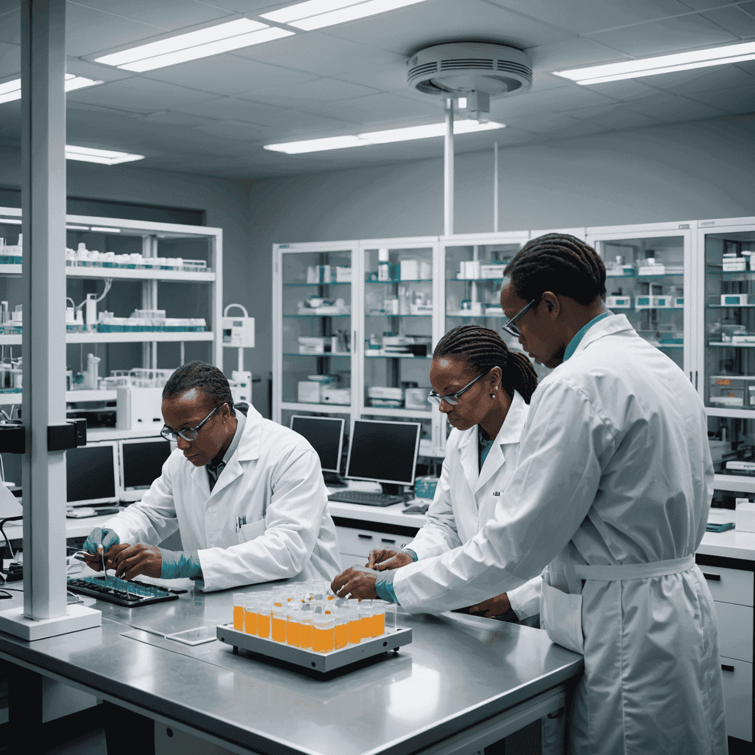 Laboratory in South Africa with researchers working on advanced biotechnology equipment, focusing on gene sequencing and protein analysis