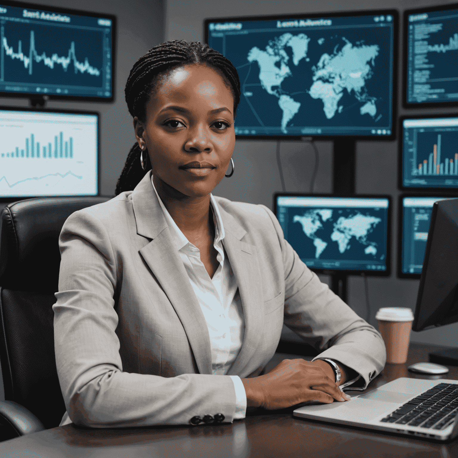 Portrait of Lerato Molefe, a young South African woman with a professional appearance, wearing business attire, sitting at a desk with healthcare analytics displayed on computer screens behind her