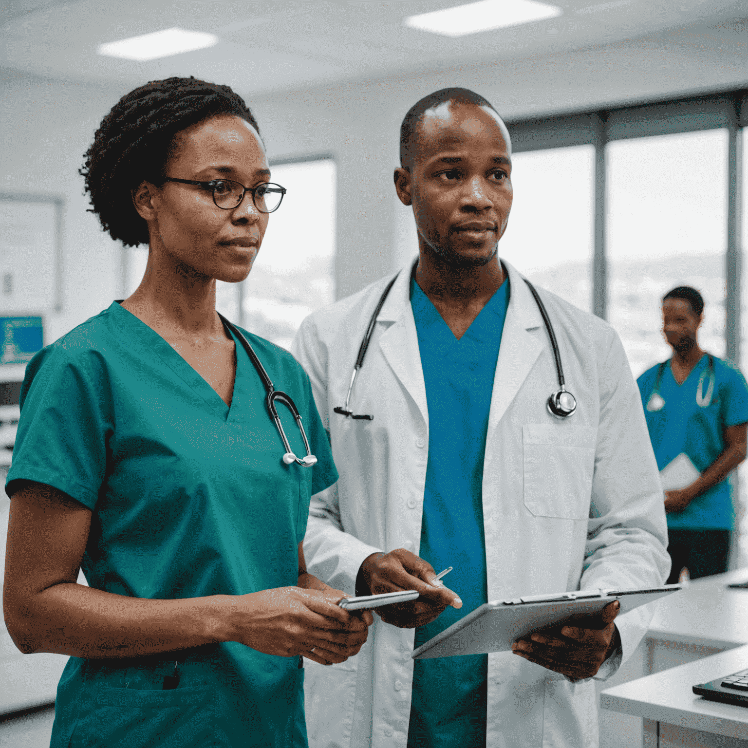 A team of South African healthcare professionals discussing AI-generated diagnostic reports in a modern hospital setting