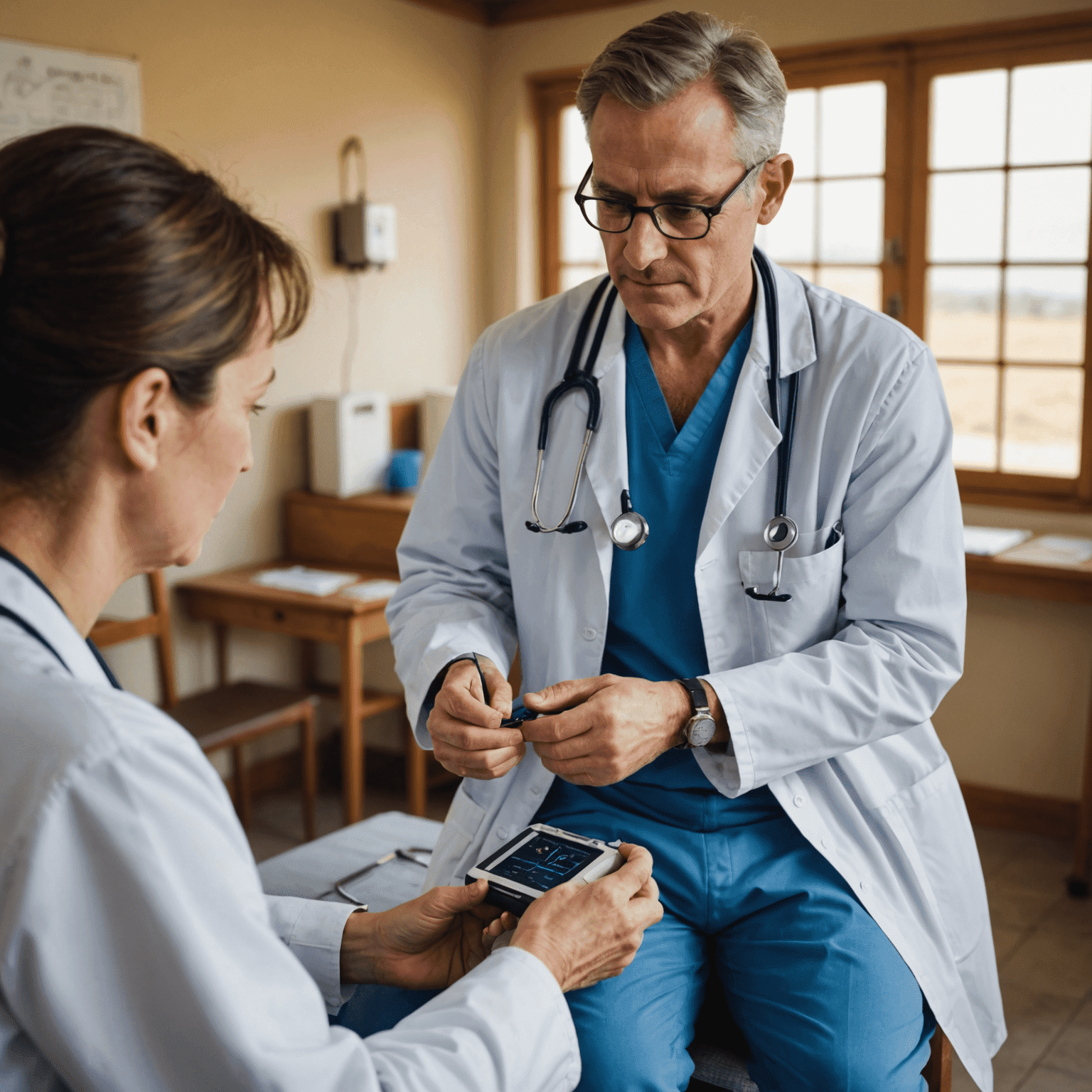 A doctor using a portable ECG device on a patient in a rural clinic setting