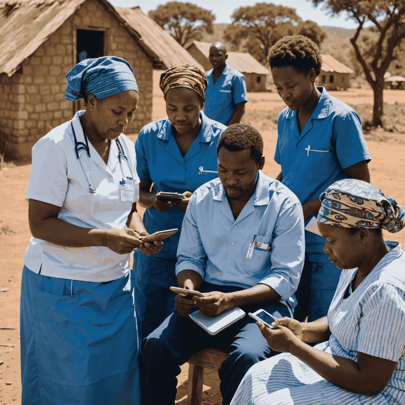 A group of community health workers in rural South Africa using tablets and smartphones to access health information and record patient data