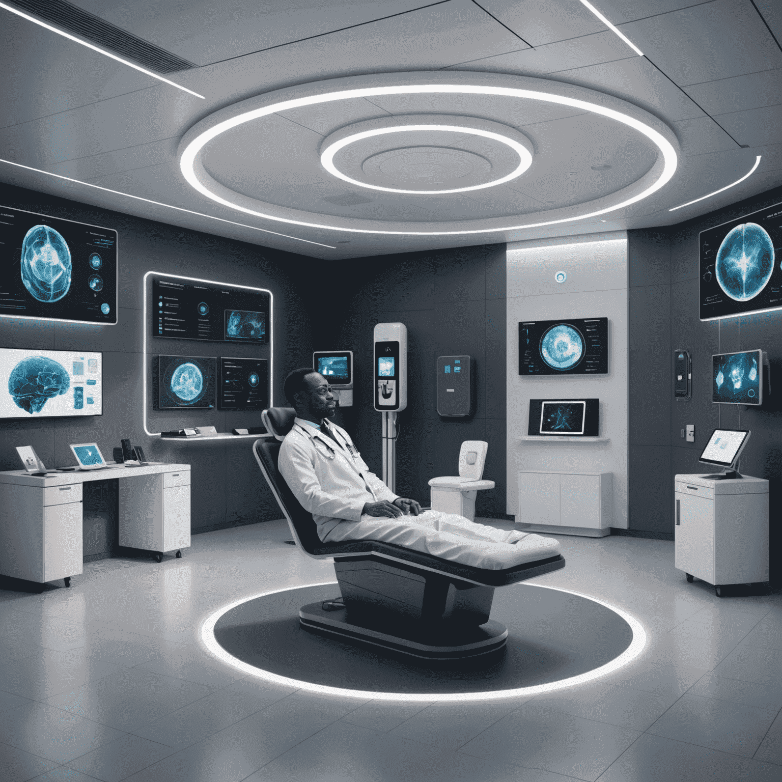 A futuristic rendering of a South African telemedicine center, showcasing advanced holographic imaging technology and AI-assisted diagnosis tools.