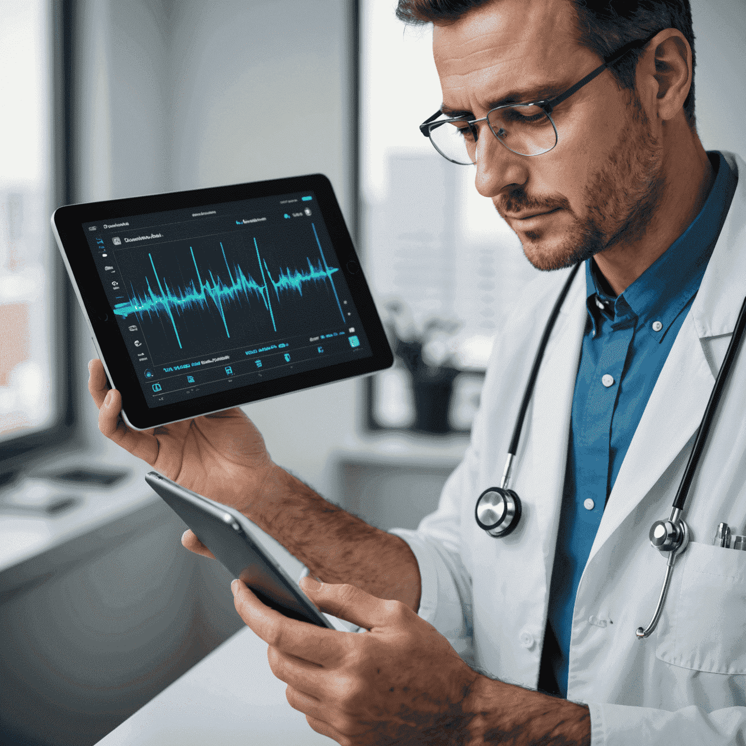 A healthcare professional using a digital stethoscope, with the sound waves displayed on a tablet screen