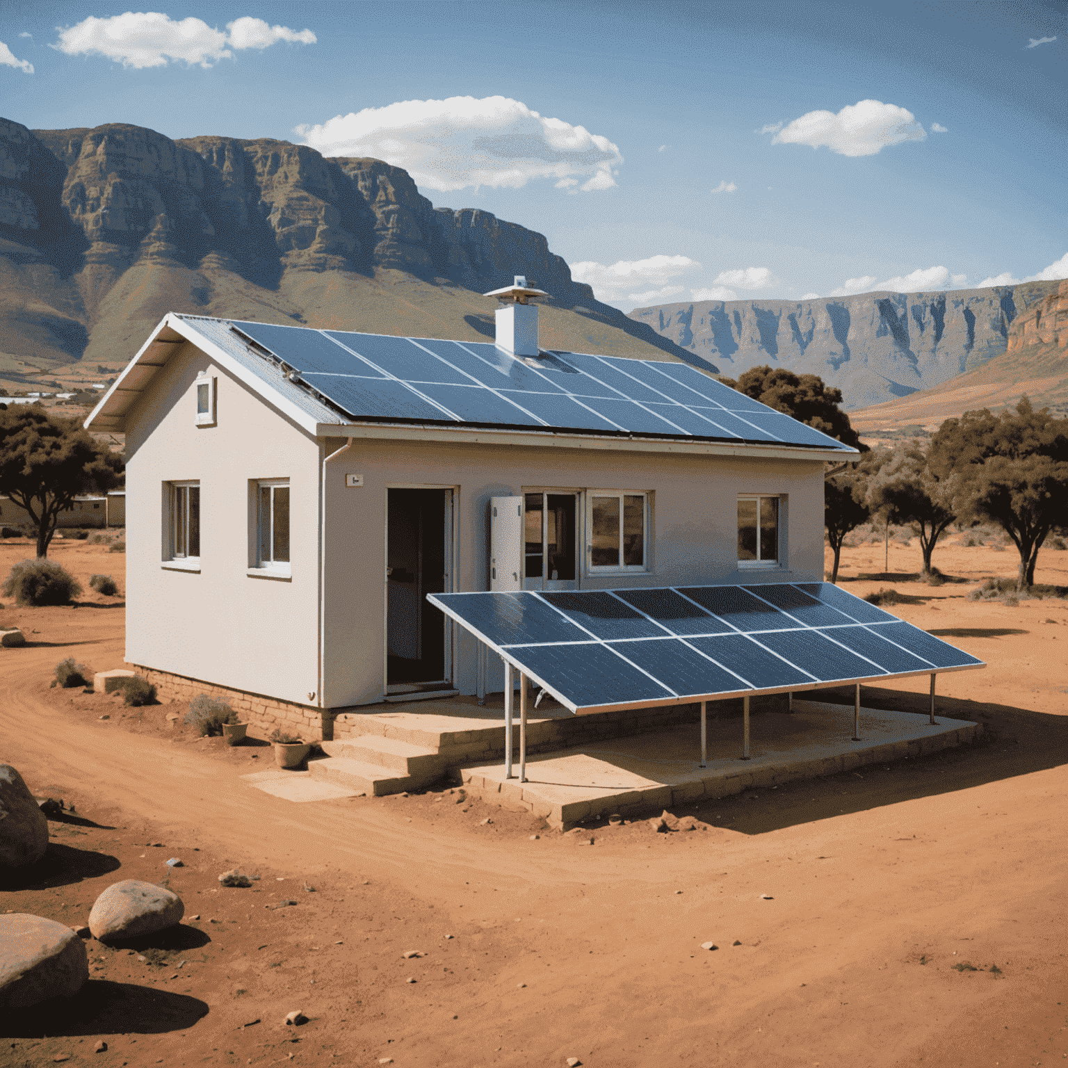 A modern rural health clinic in South Africa equipped with solar panels, satellite internet, and digital health technologies, with patients and healthcare workers utilizing various digital health tools