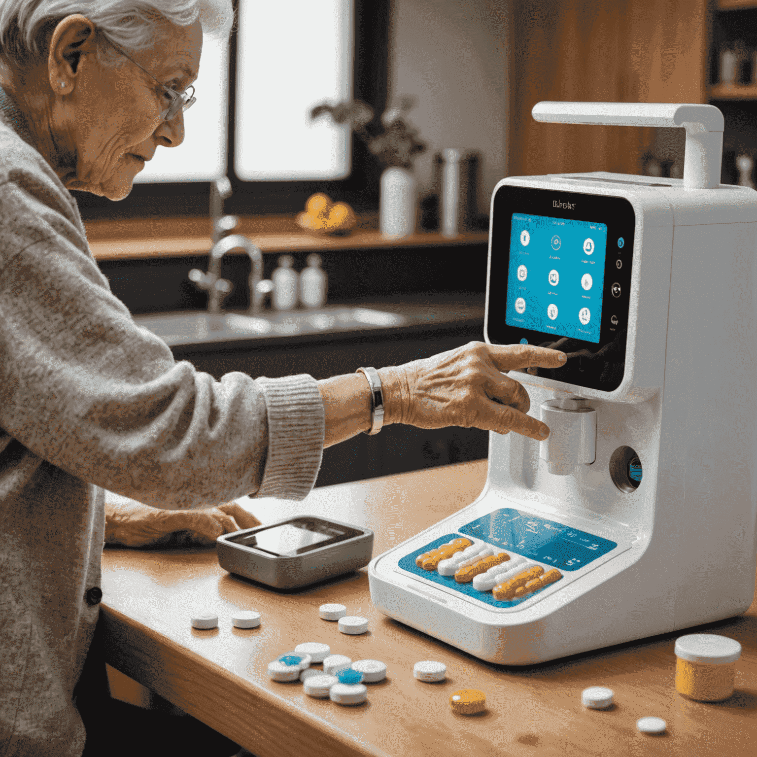 An elderly person using a smart medication dispenser, with pills being automatically sorted and dispensed